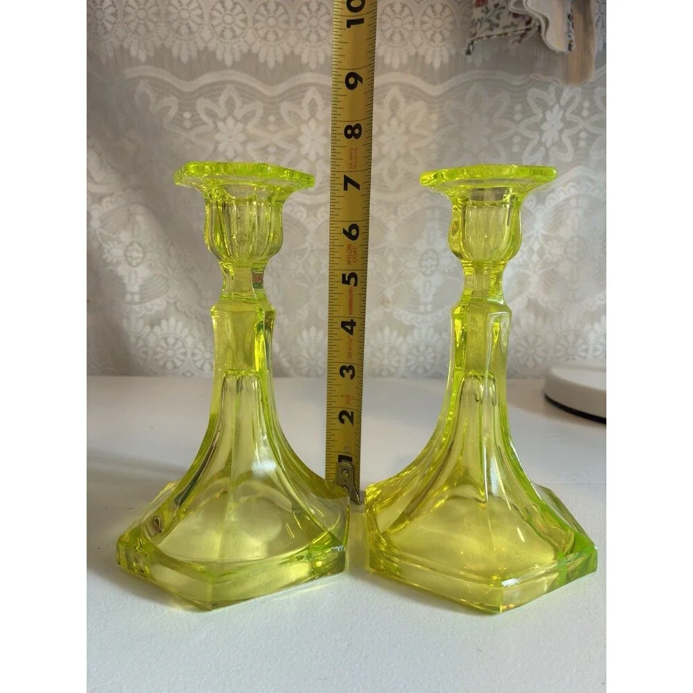 Vintage Antique Uranium Vaseline Glass Candlestick Set of 2 UV Taper Candles